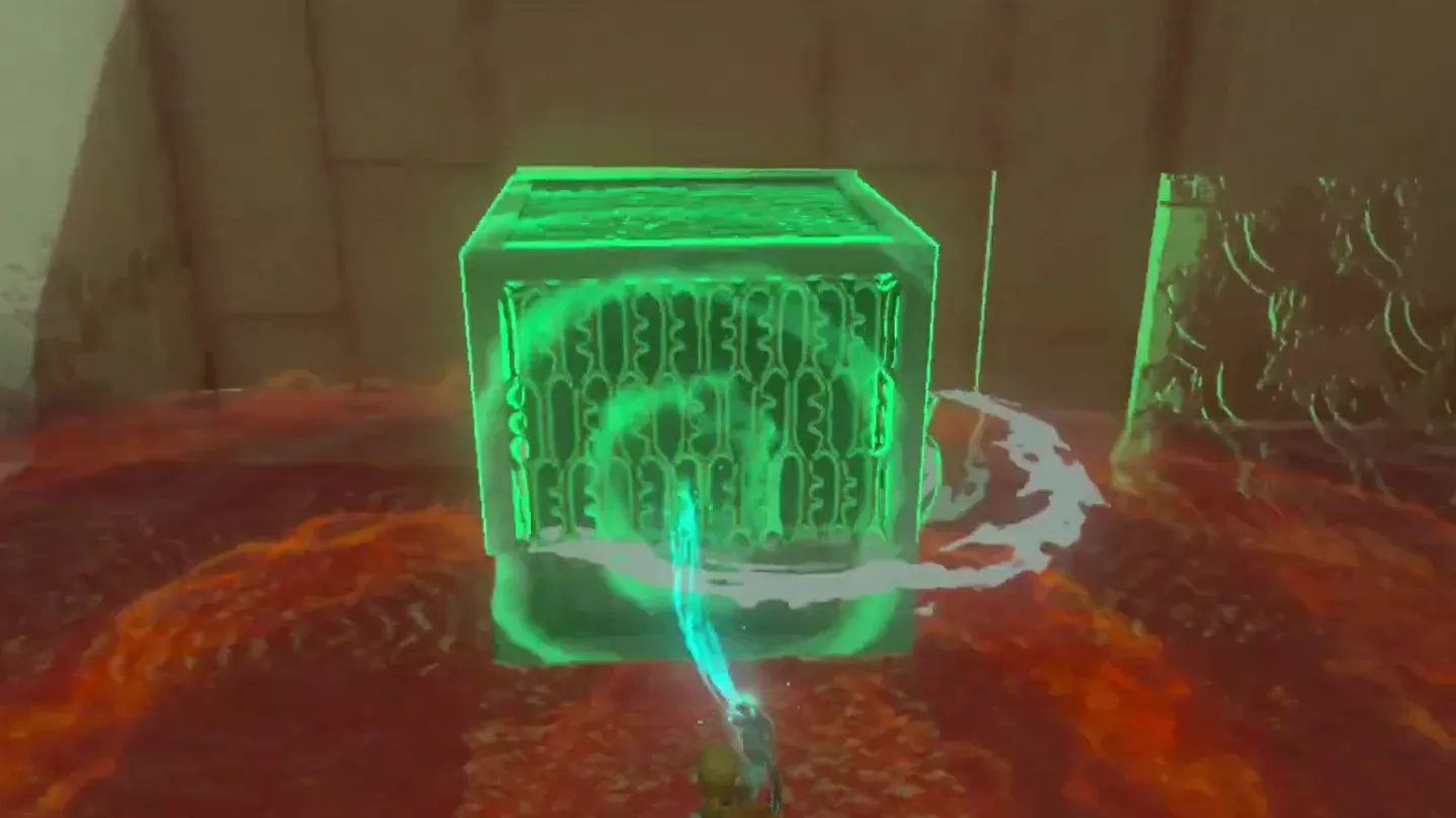 Ultrahand setting the cube down on the central platform across from the pressure plate