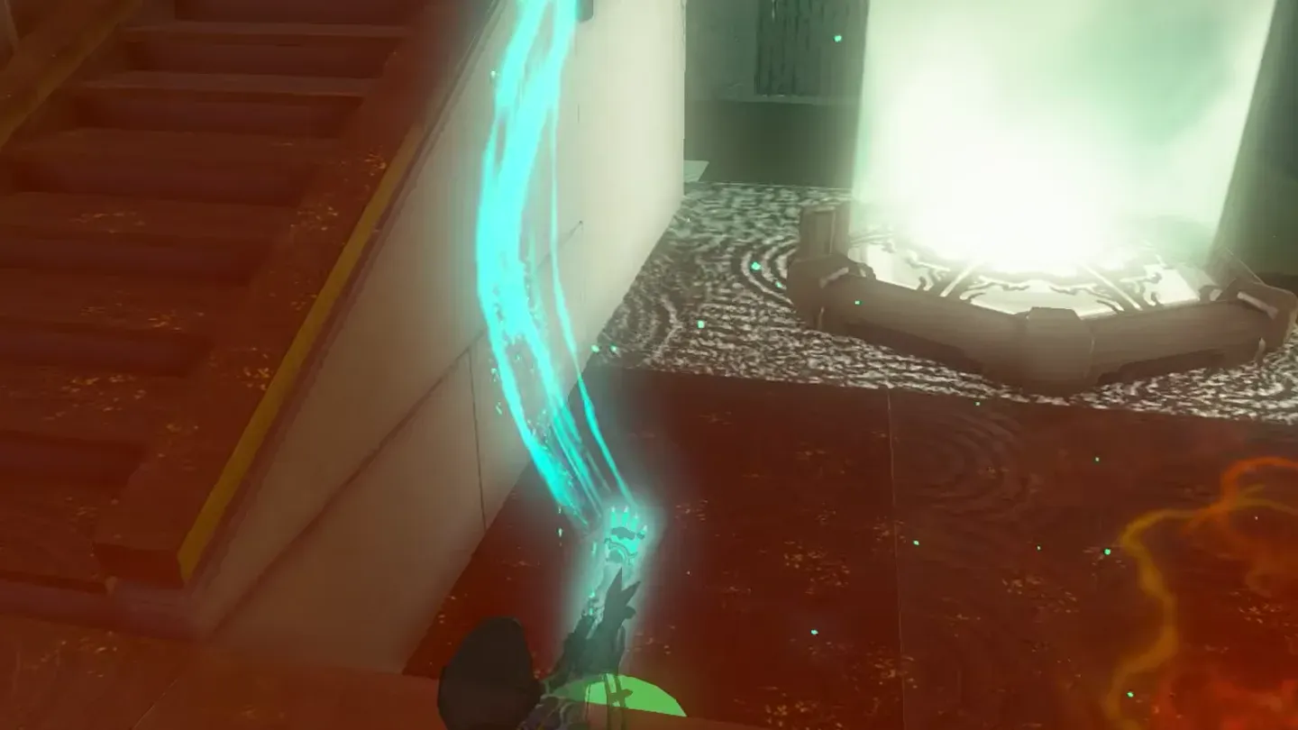 A large beam of light shining up from a floor opening