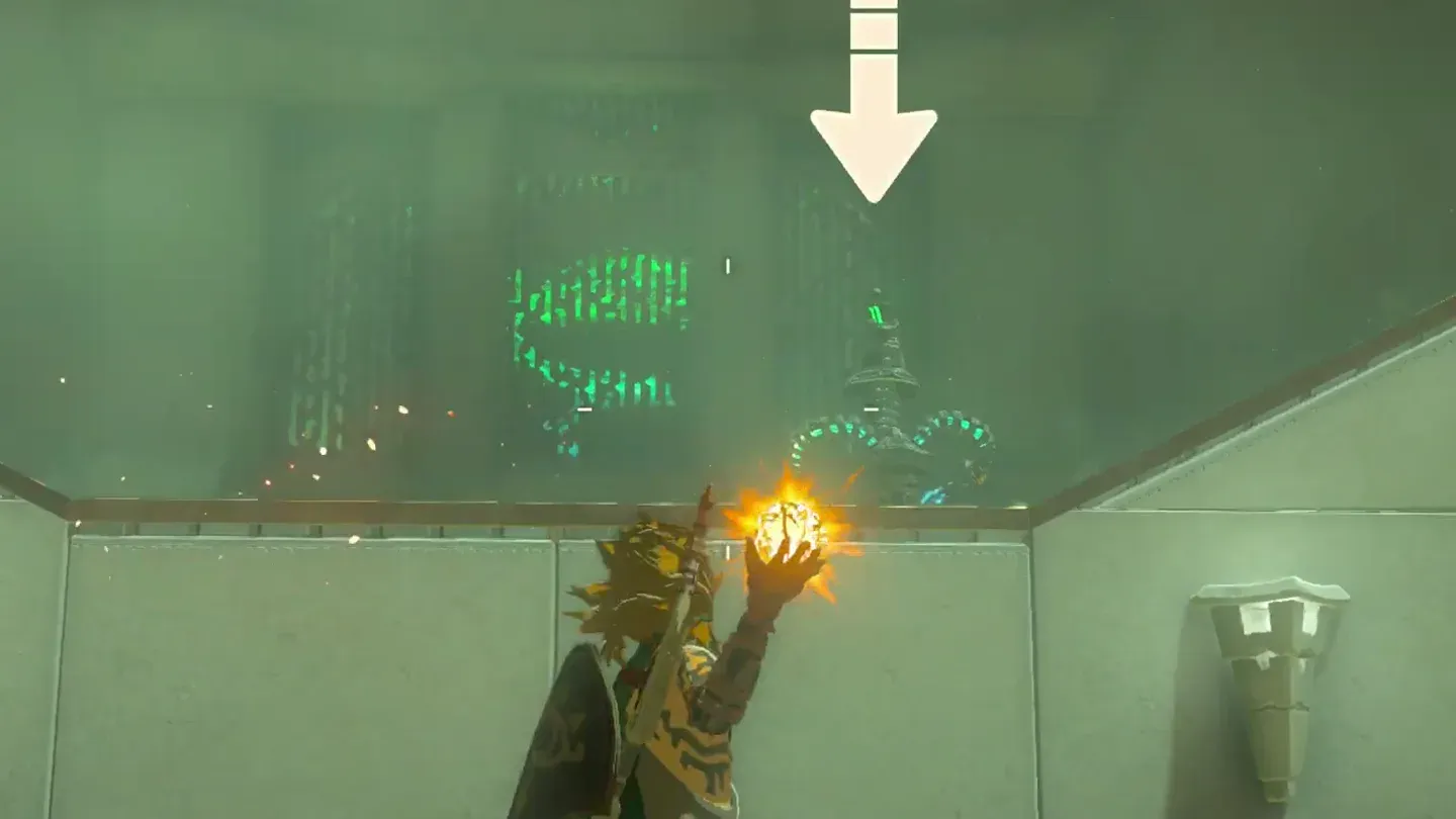 Link holding a glowing Fire Fruit with the Construct marked on the raised block ahead