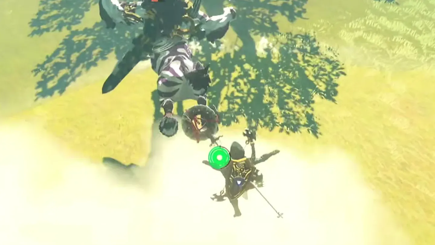 Link leaping onto the Lynel out of the smoke