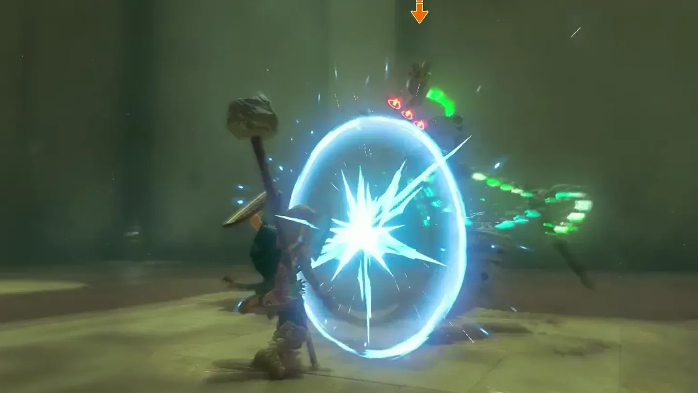 Link unleashing a Flurry Rush with a blue ring of light