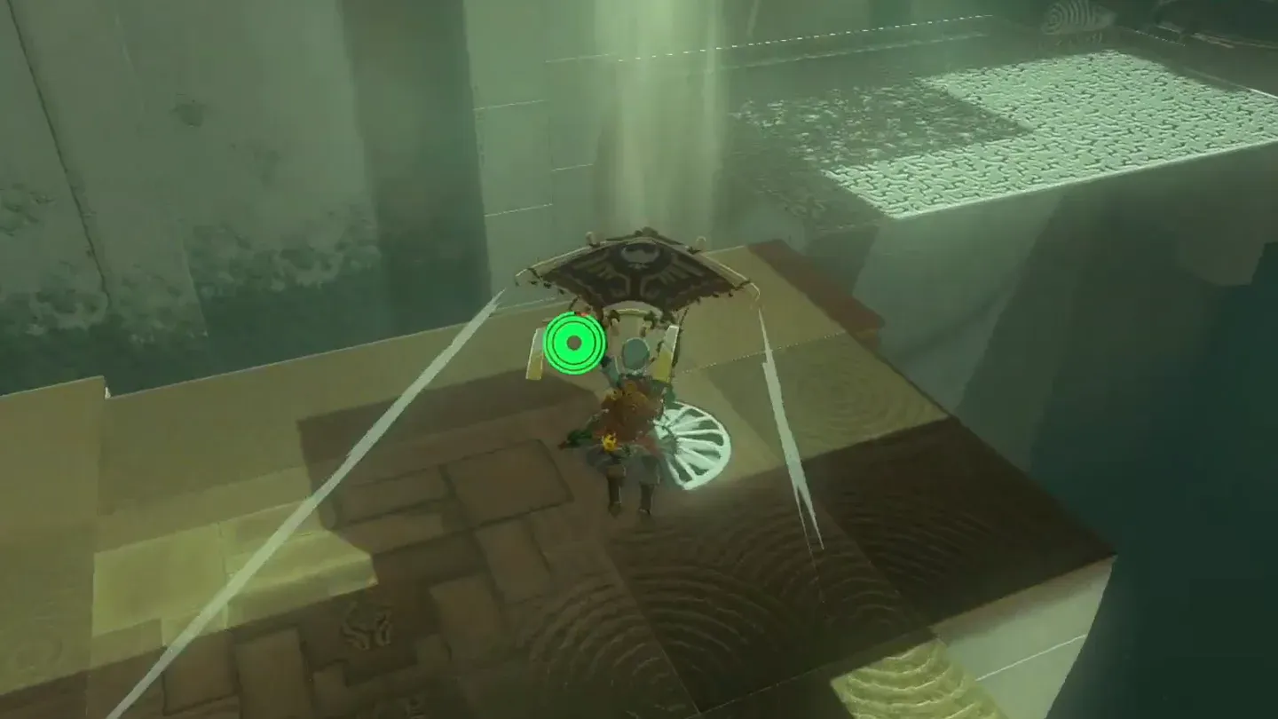Link opening the paraglider above the floor fan