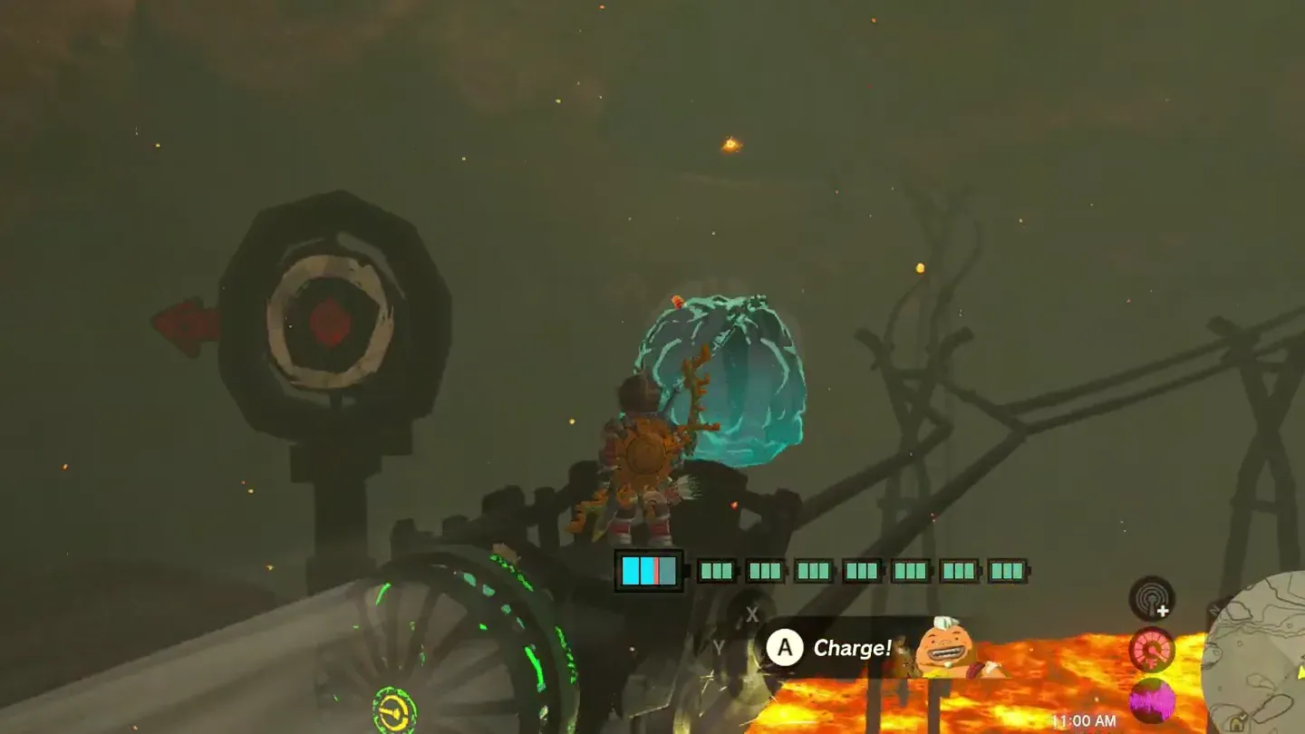 Link on the fan cart passing a round target sign