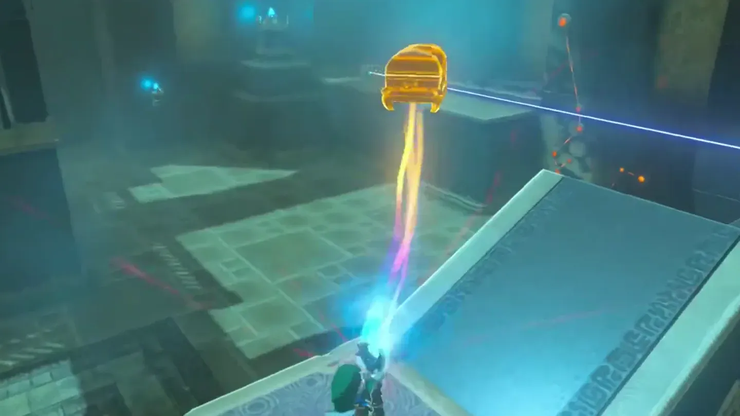 Link carrying the empty metal chest through the air with Magnesis