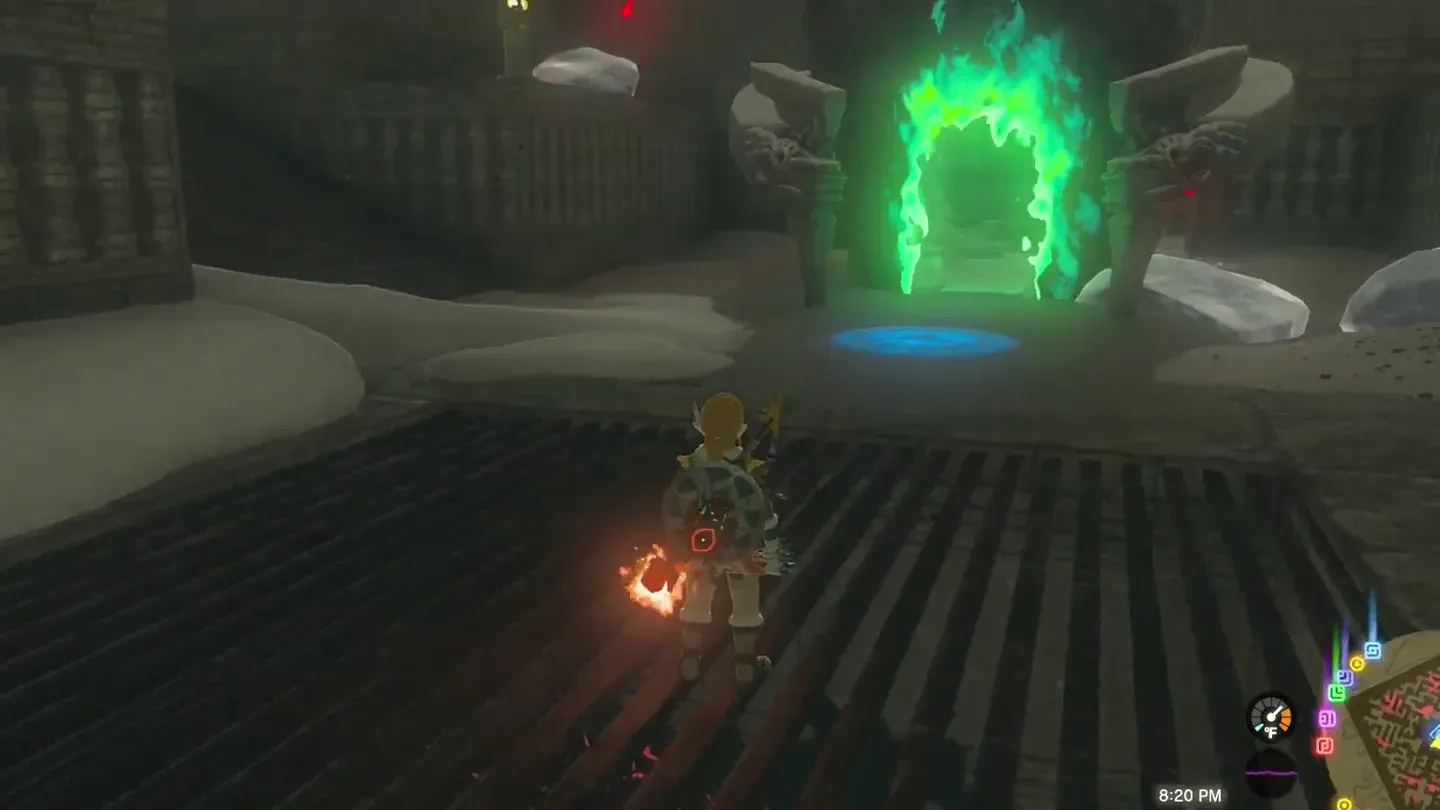 Link in front of the open, glowing shrine entrance