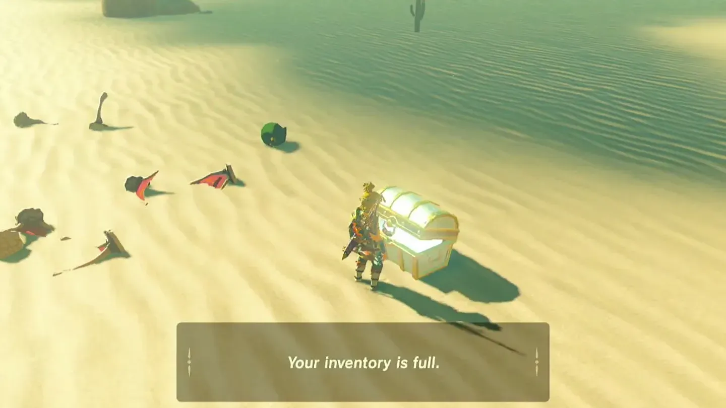 A treasure chest and Molduga Fins on the sand after the fight