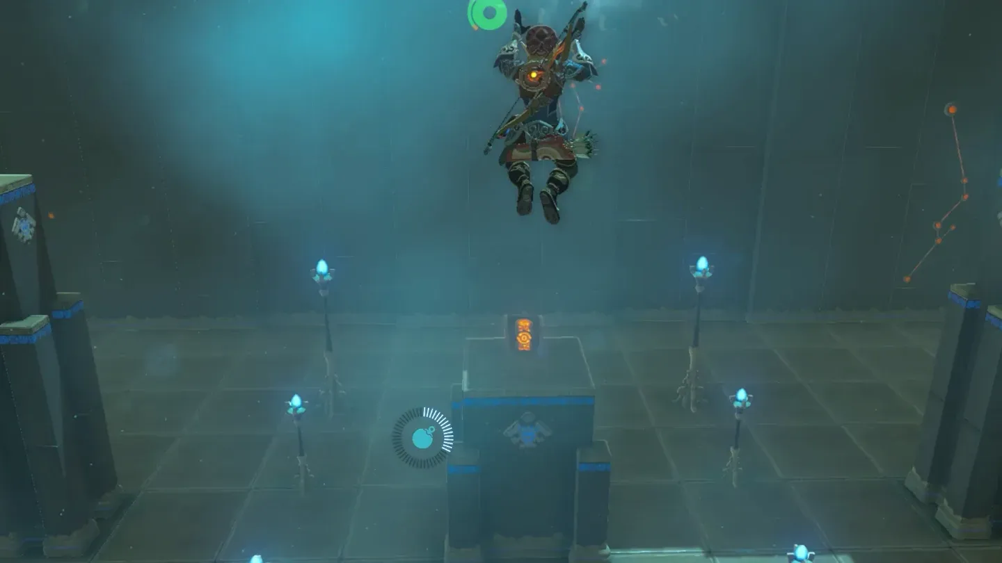 Link flying above the upper level toward a platform with a chest