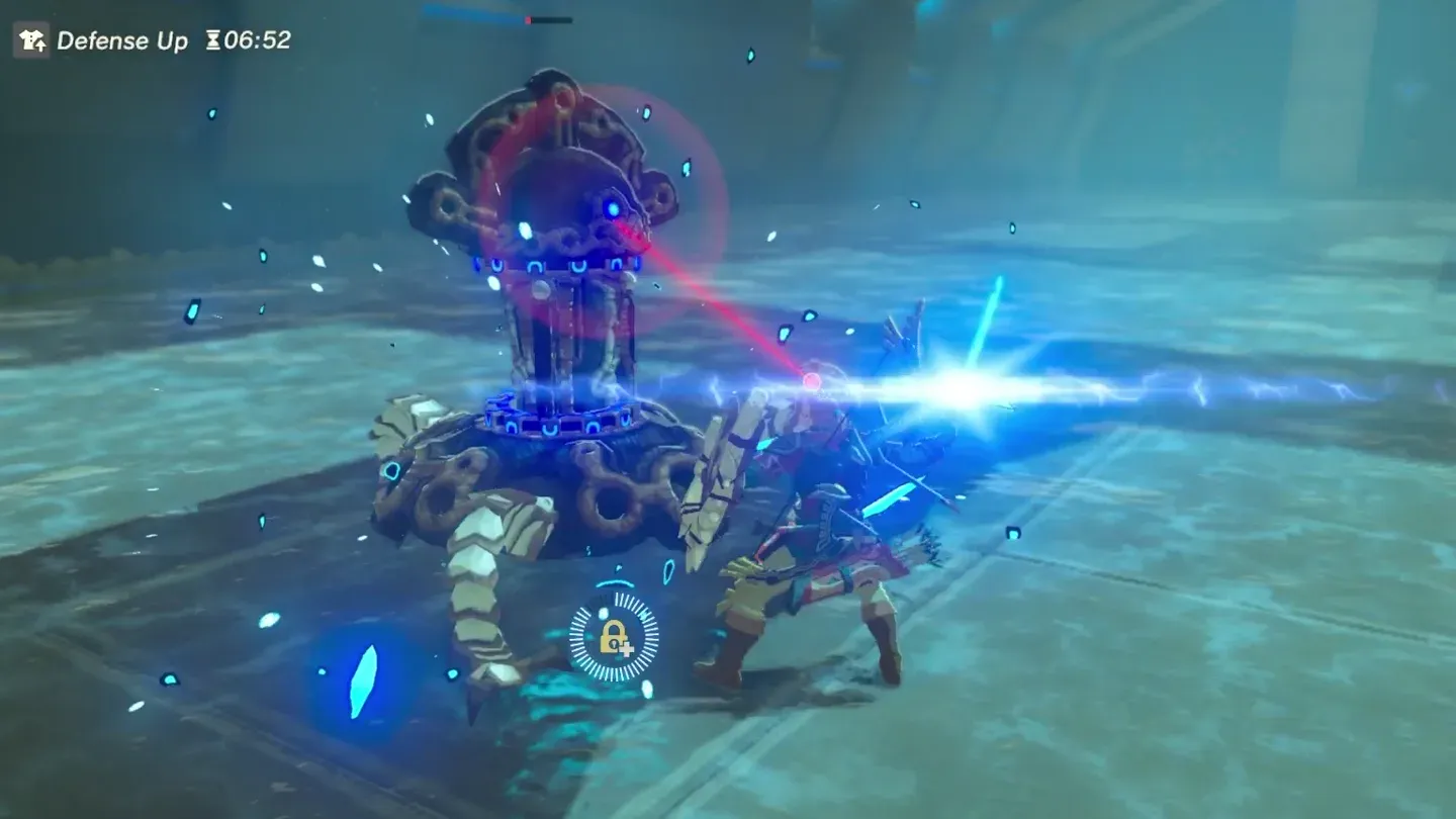 The weakened scout firing a laser as Link closes in