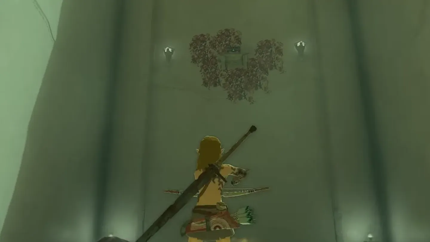 Link drawing the bow at a leaf-covered shelf high on the wall