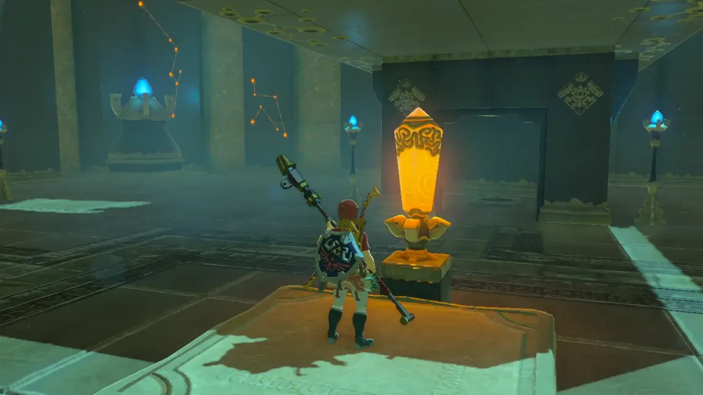 Link on the launching platform beside an orange crystal