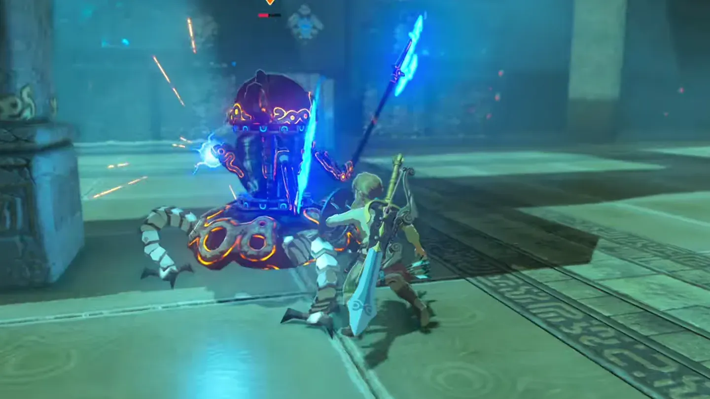 Link fighting the Guardian Scout up close
