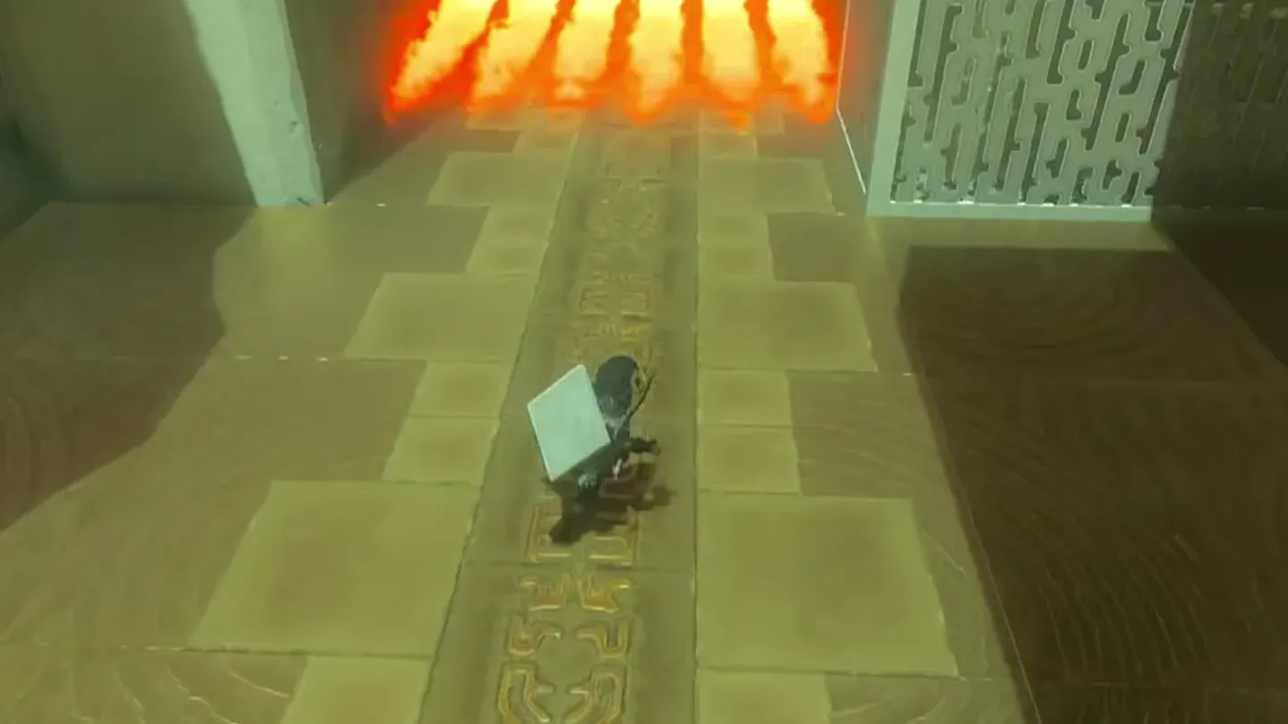 Link holding the Stone-Slab Shield in front of the flame barrier