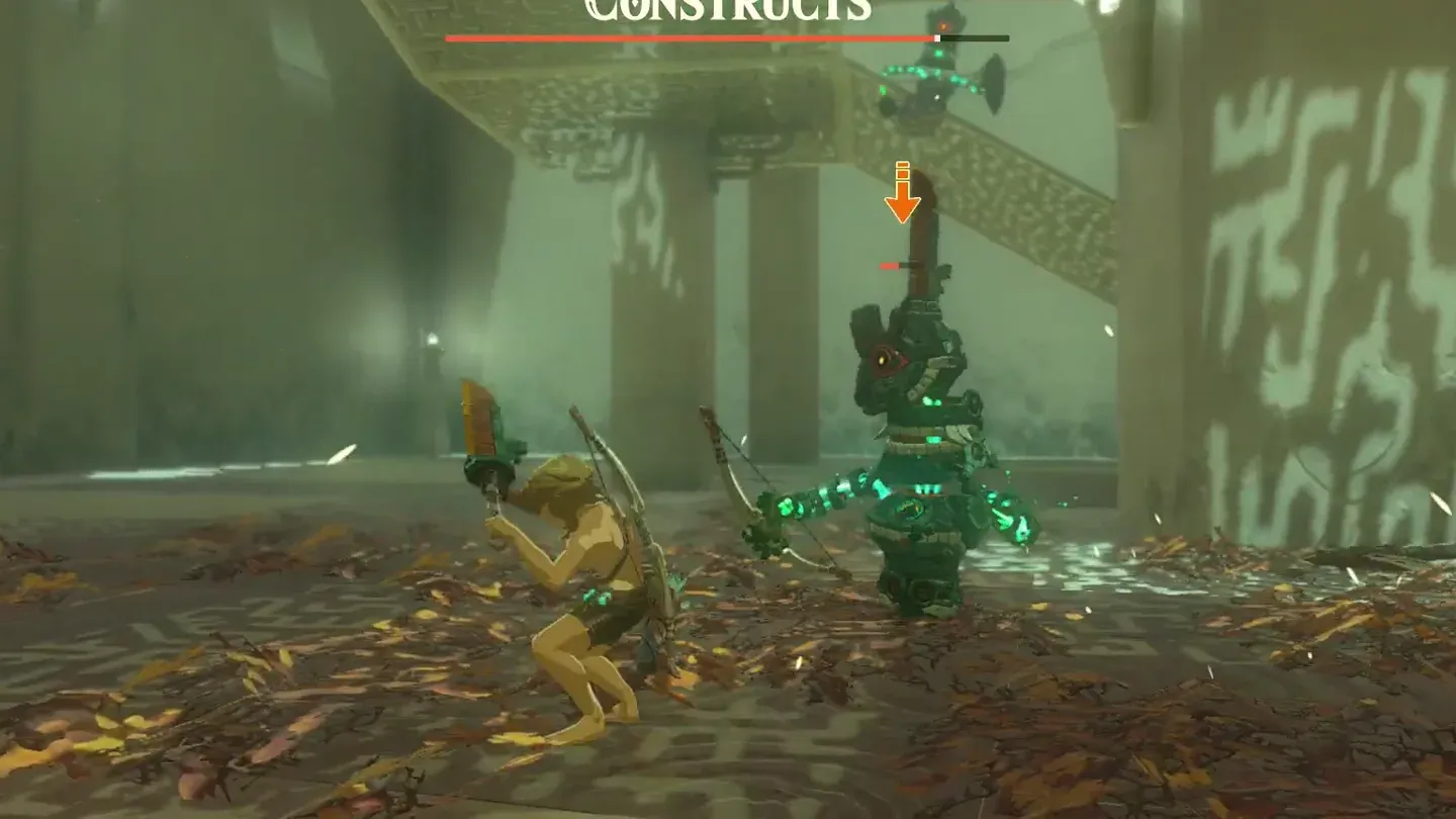 Link facing a Construct on a floor of dry leaves