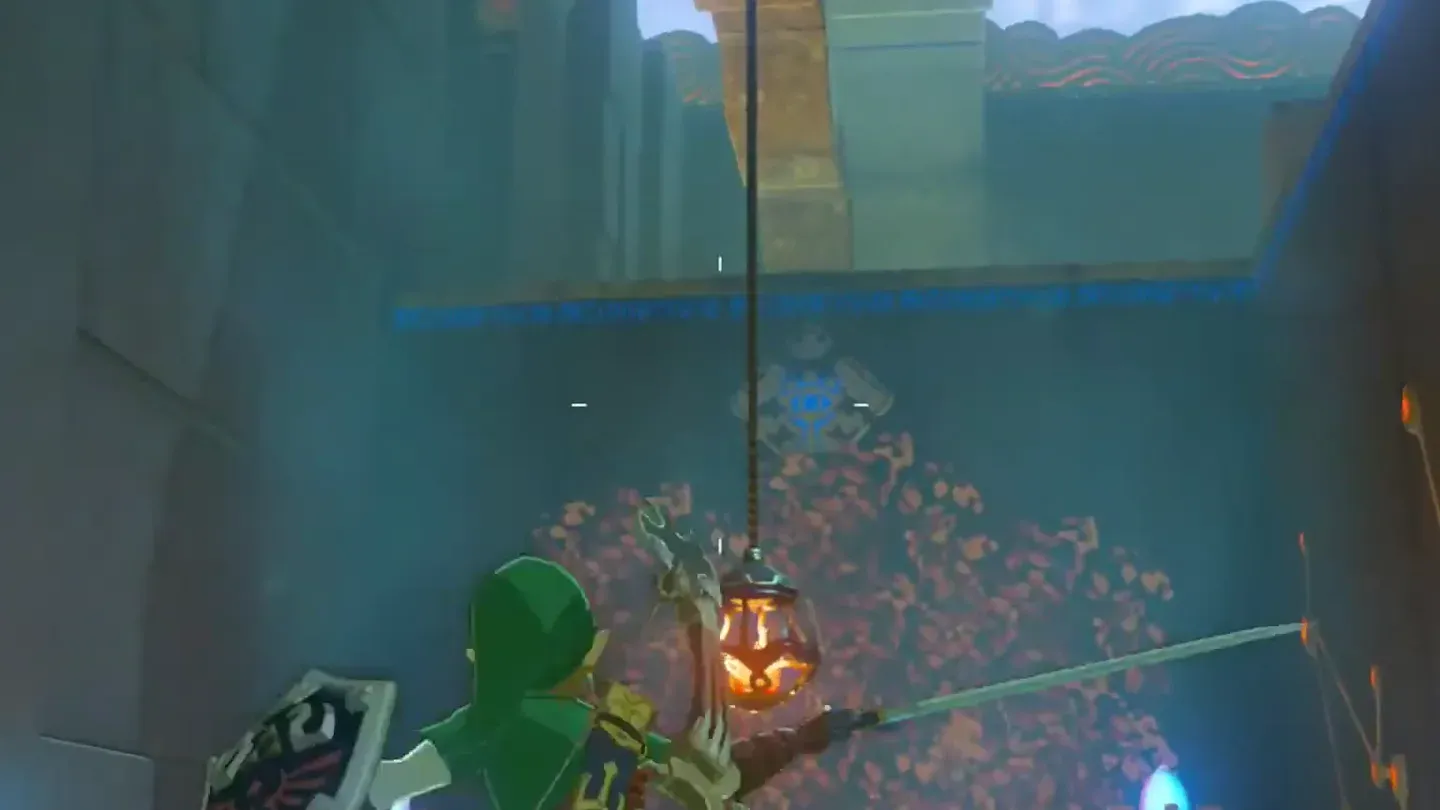 Link striking the rope of a fire lantern hanging above the vines