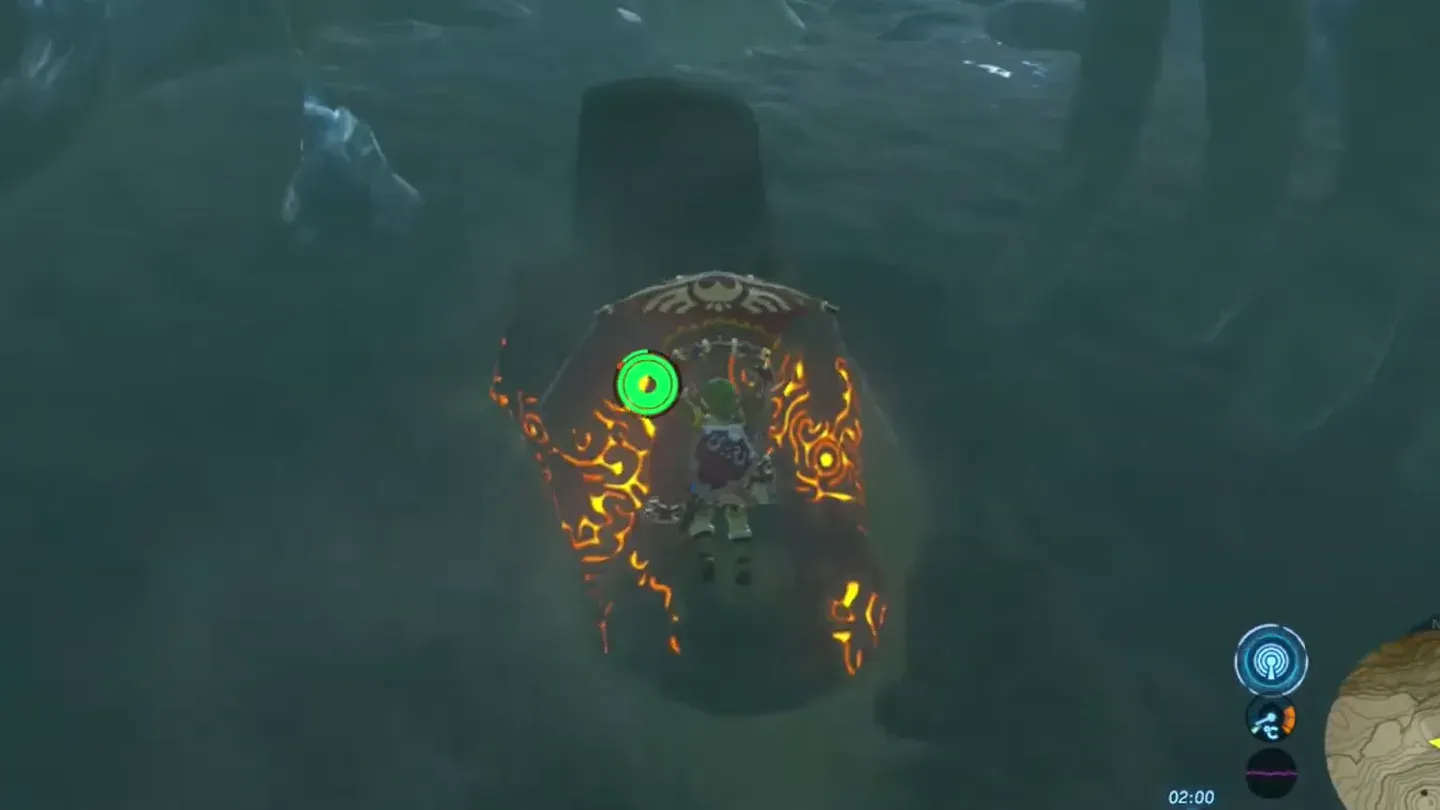 Link gliding down to the glowing shrine entrance in the ice cave