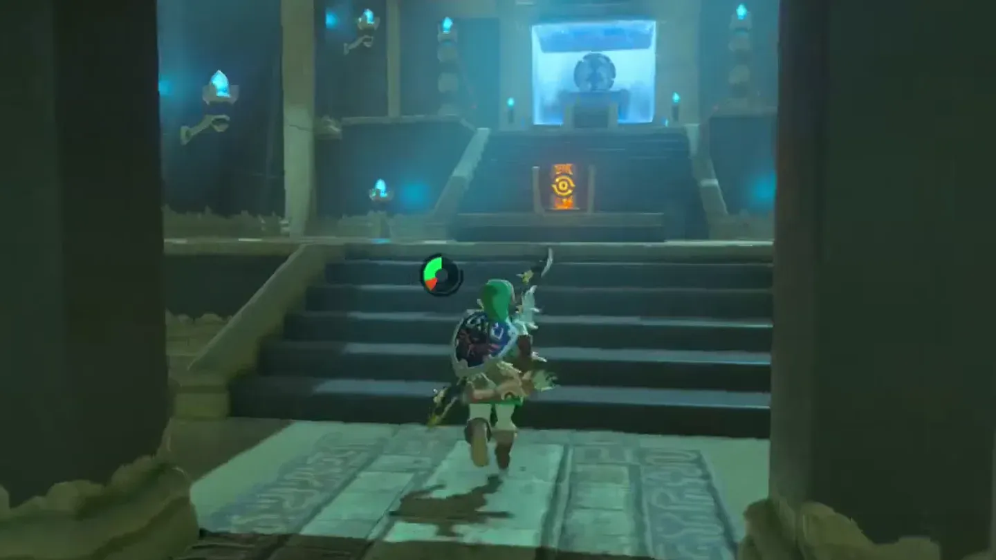 Link climbing the stairs past the open gate toward a chest