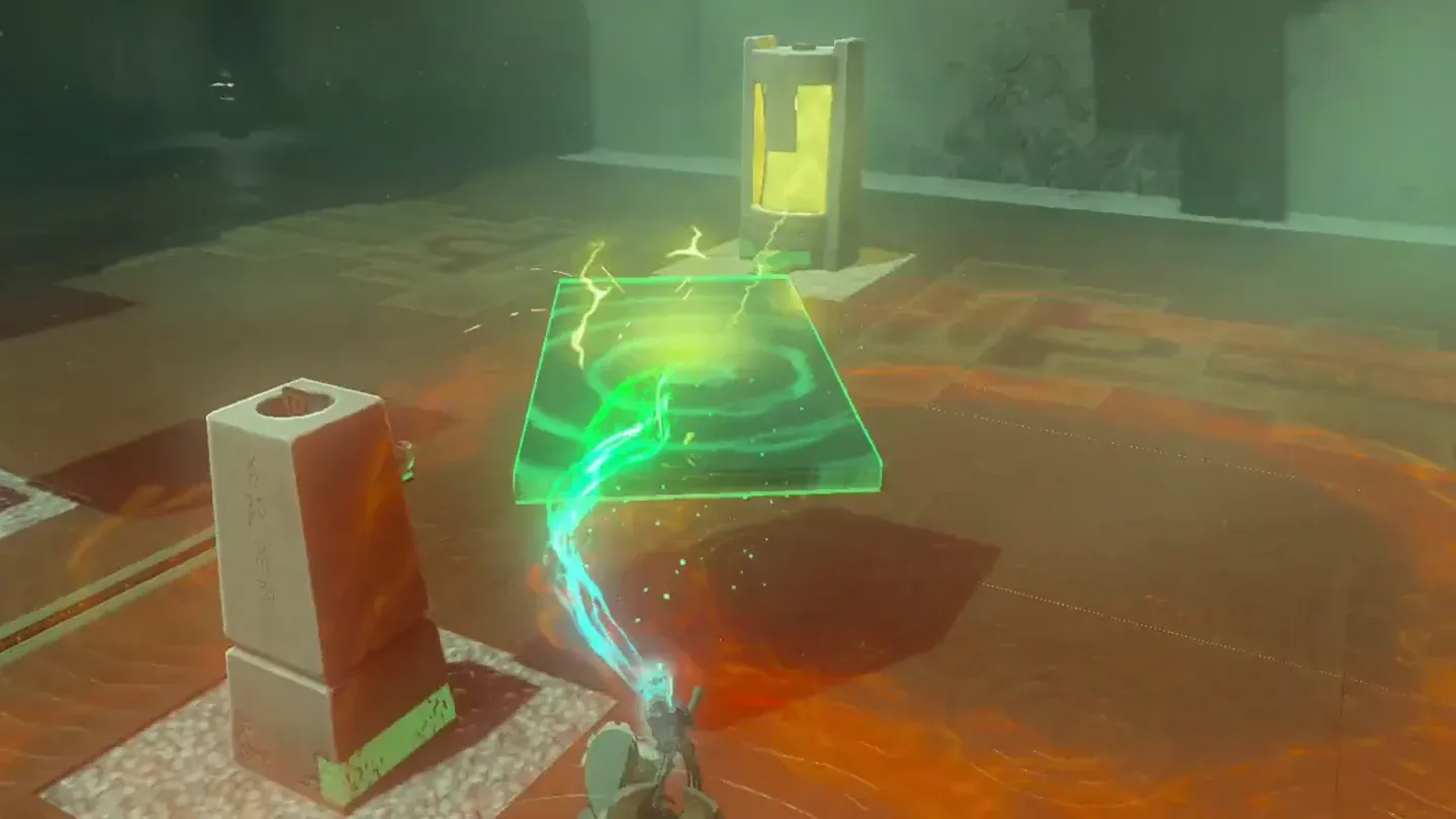 Ultrahand lifting a flame emitter off the left ledge