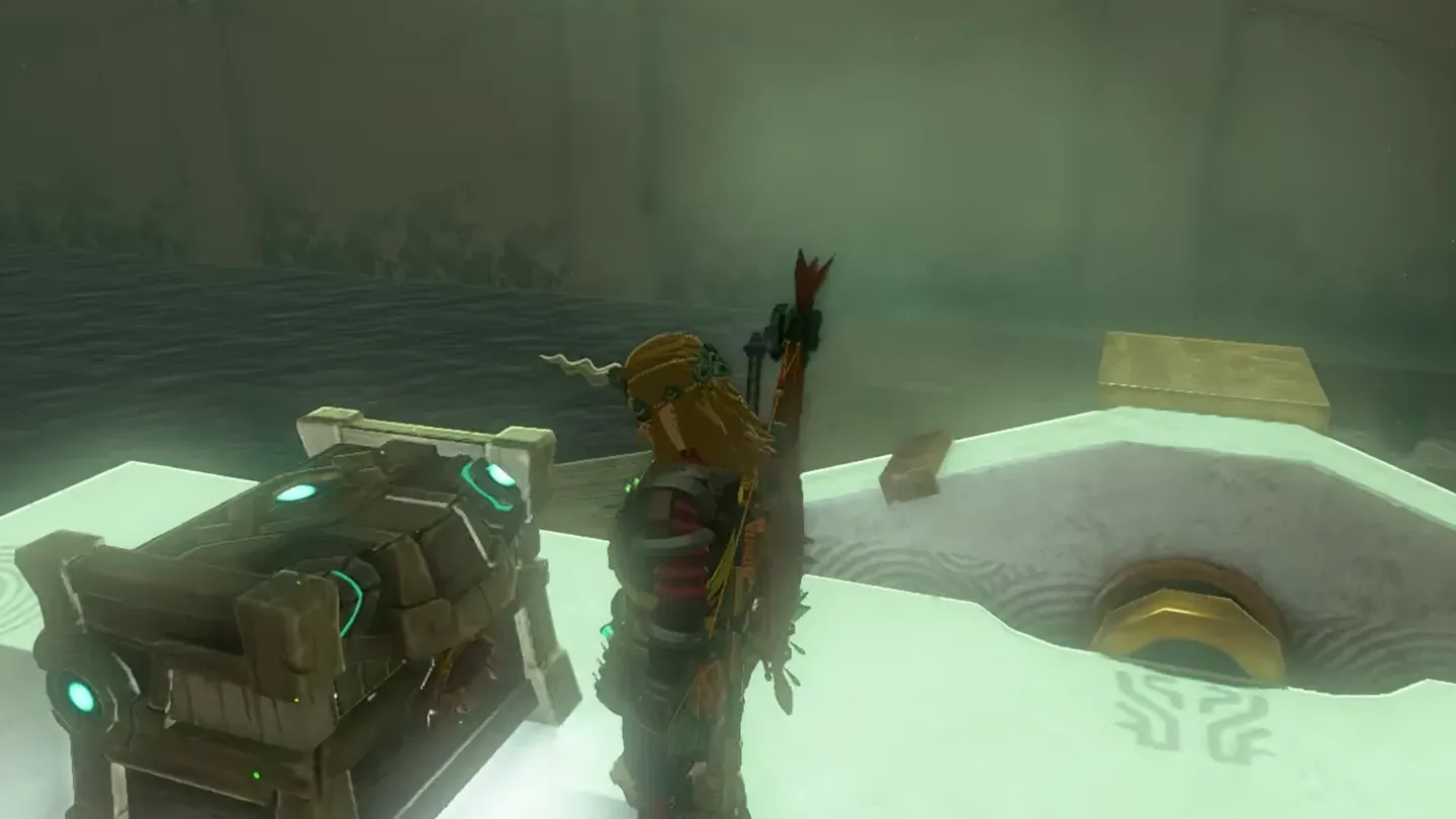Link beside a chest on top of the platform