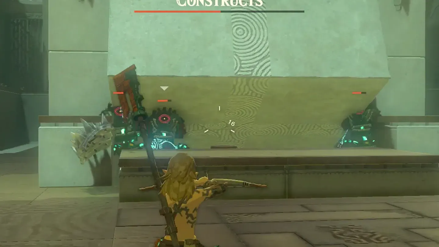 Two Constructs on the ledge across the room, one with a shield