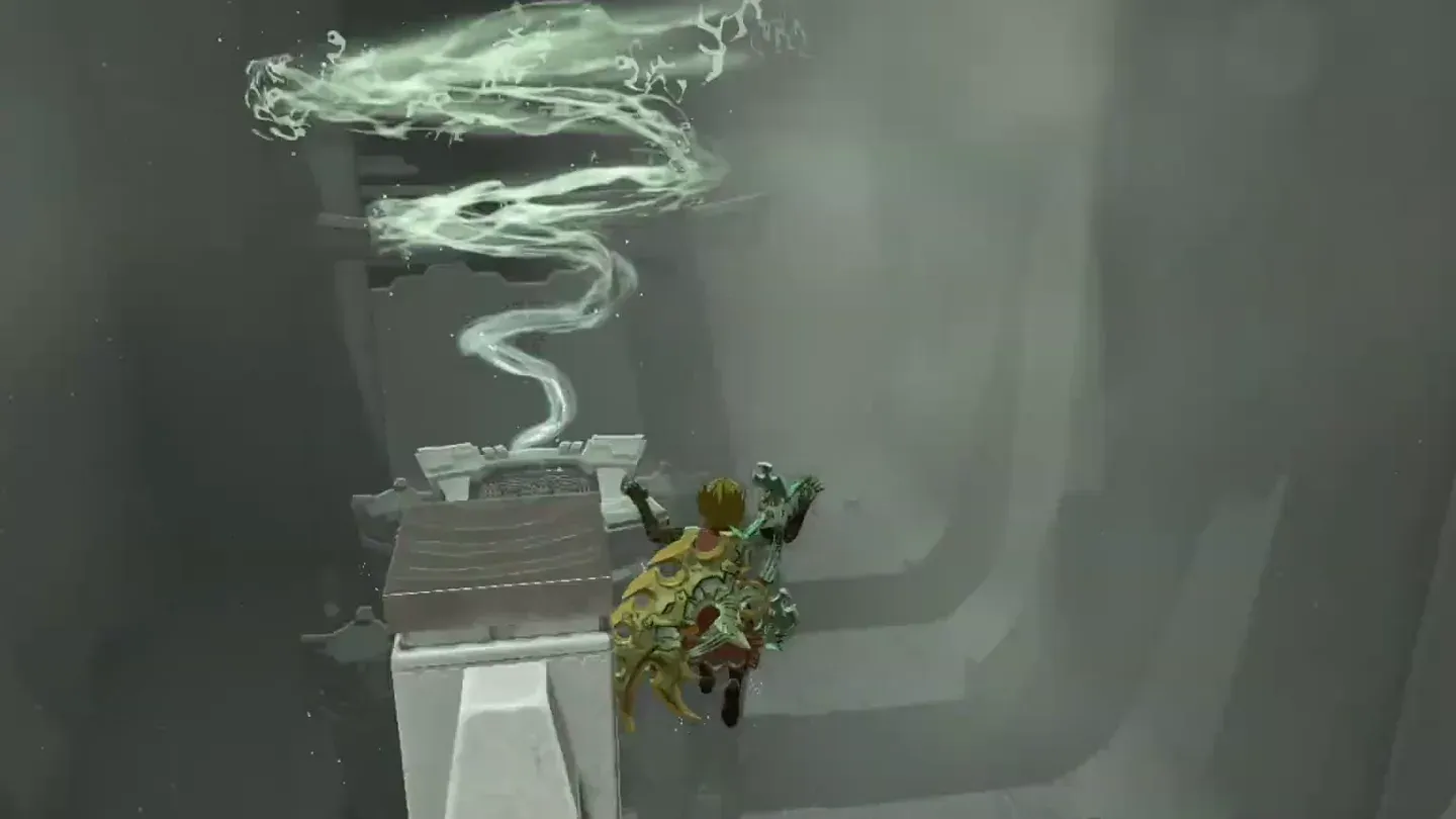 Link riding the platform back up with the Recall spiral above it