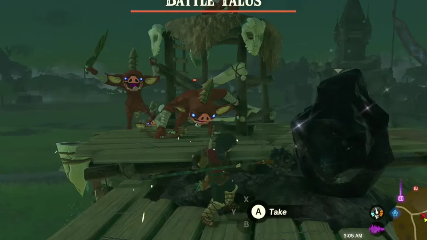 Link on the deck next to a black rock, Bokoblins behind