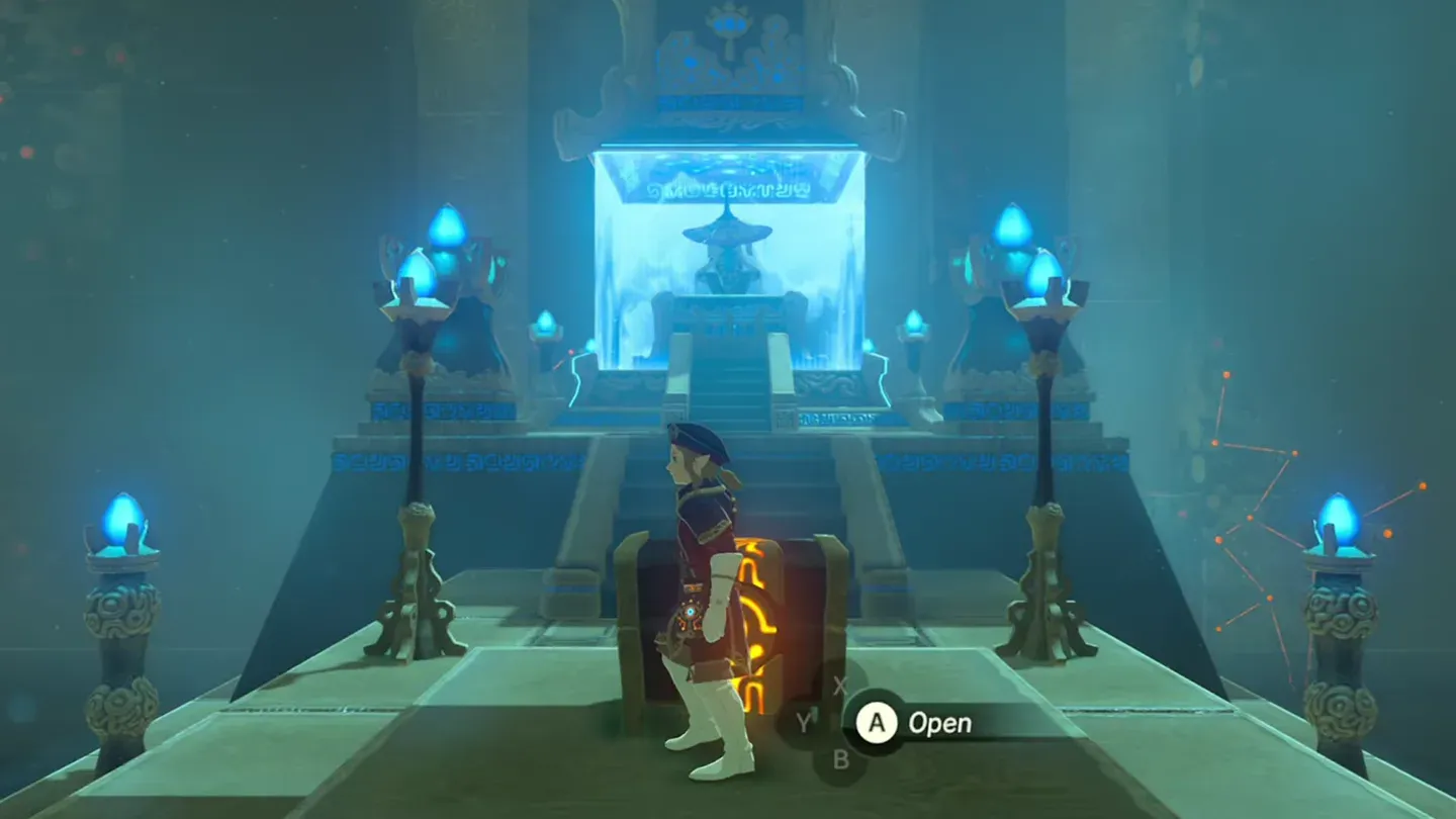 Link opening the treasure chest on the path to the pedestal