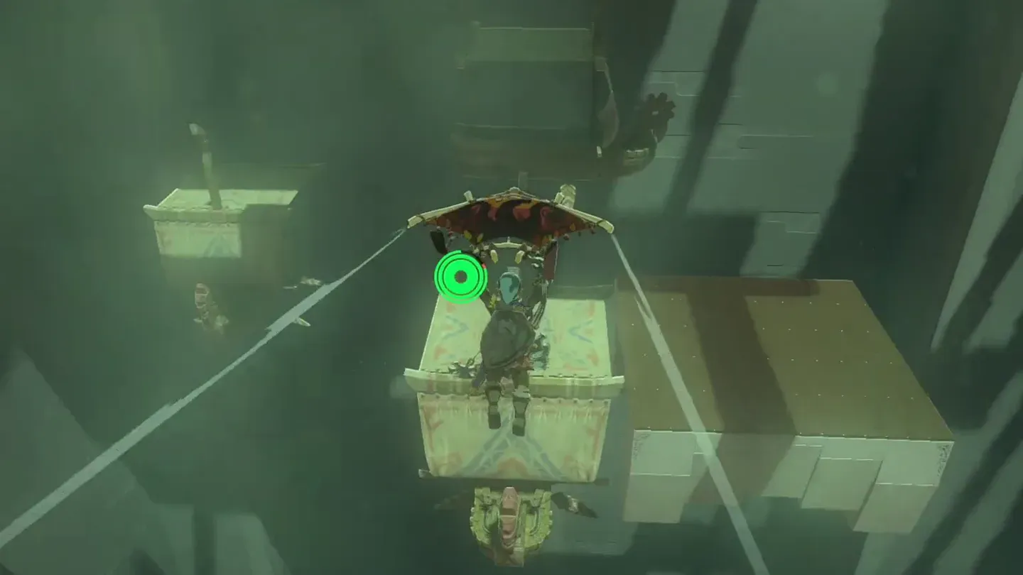 Link gliding down onto a floating platform