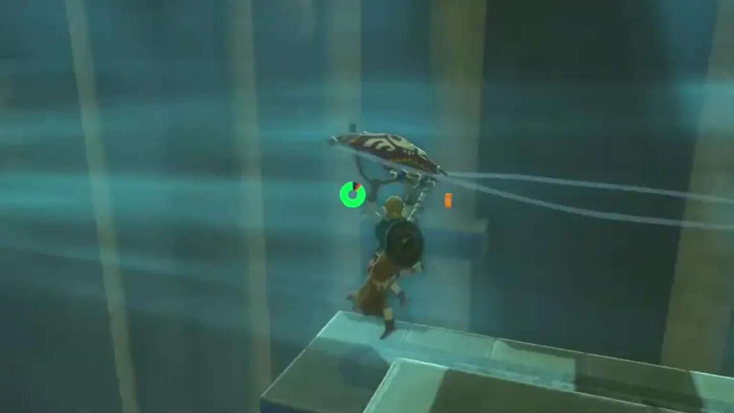 Link gliding toward the opposite chest ledge