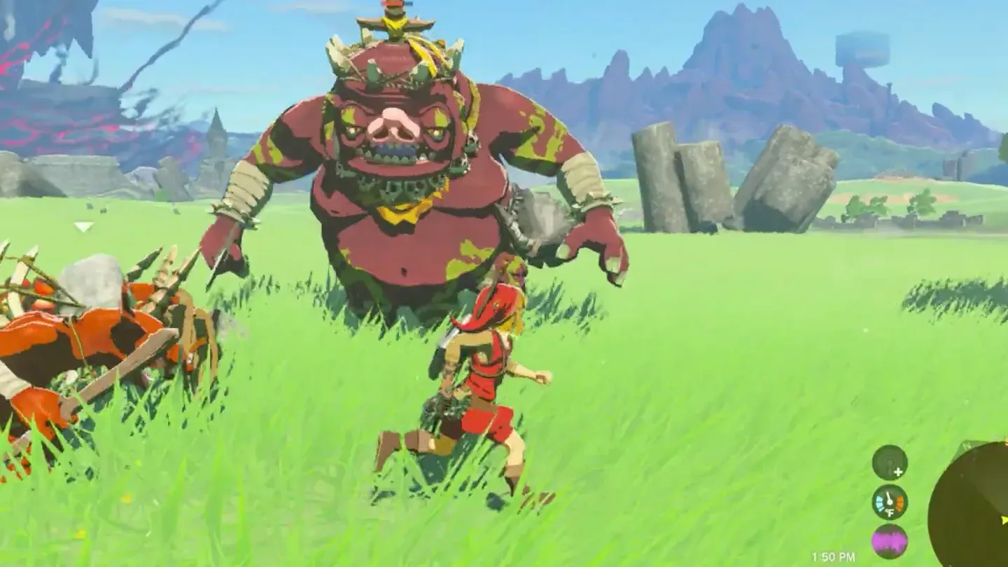 A large red Boss Bokoblin coming across a field behind two red Bokoblins