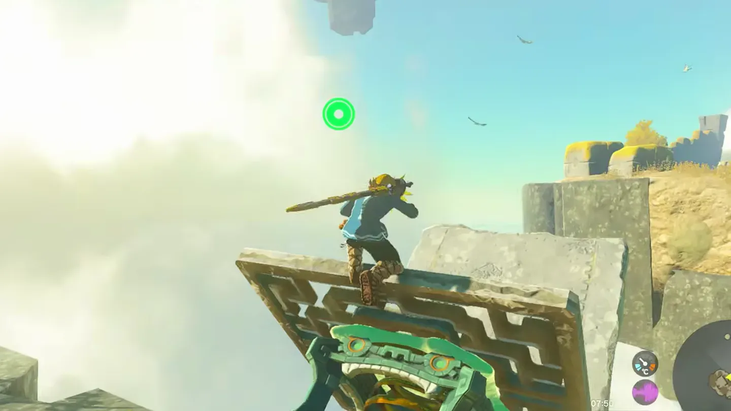 Link standing on the launch pad, raising his weapon to strike it