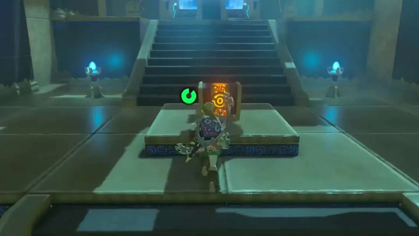 Link at the treasure chest on a platform before the stairs