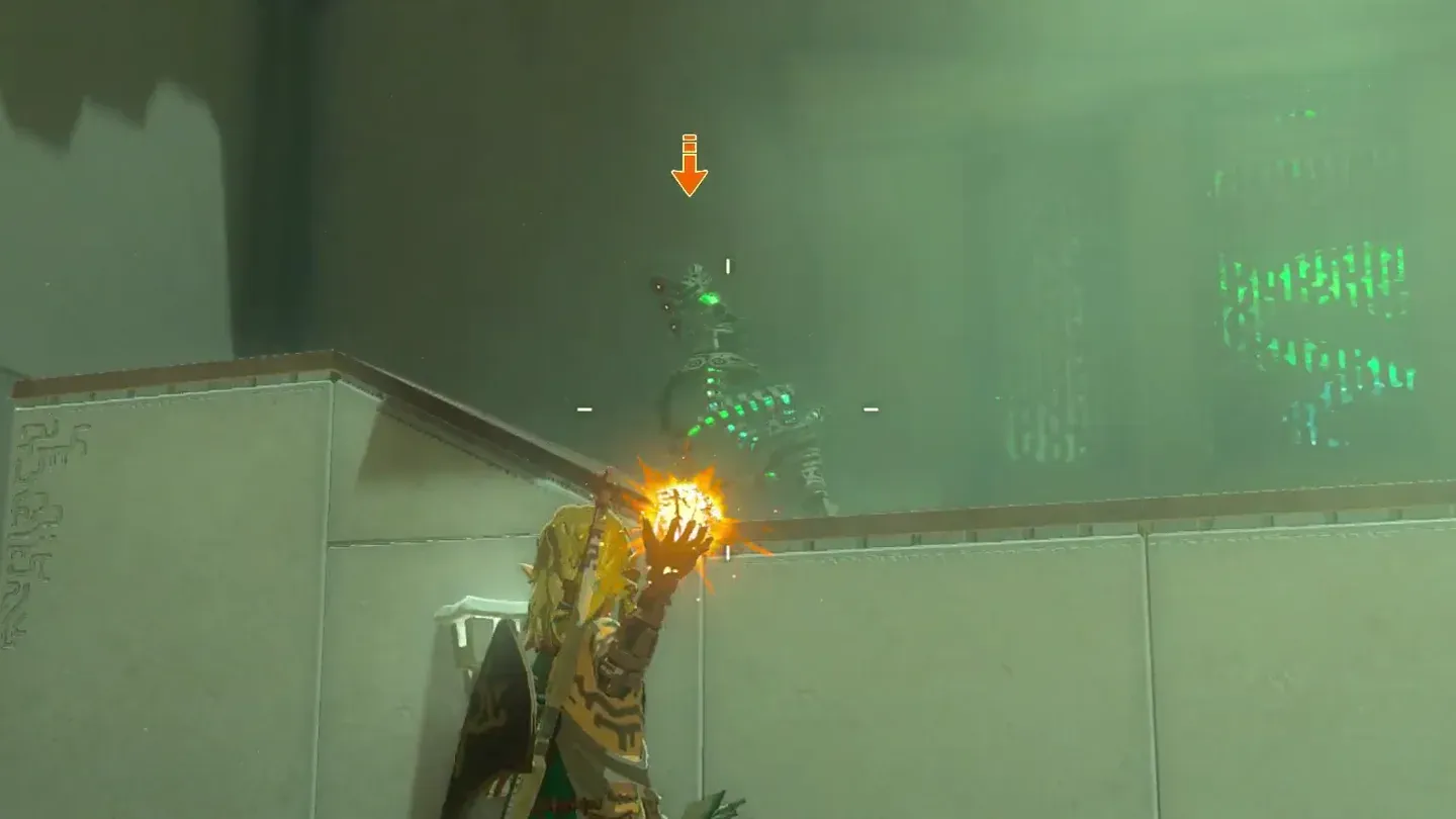 Link holding a Fire Fruit while the Construct moves along the raised block