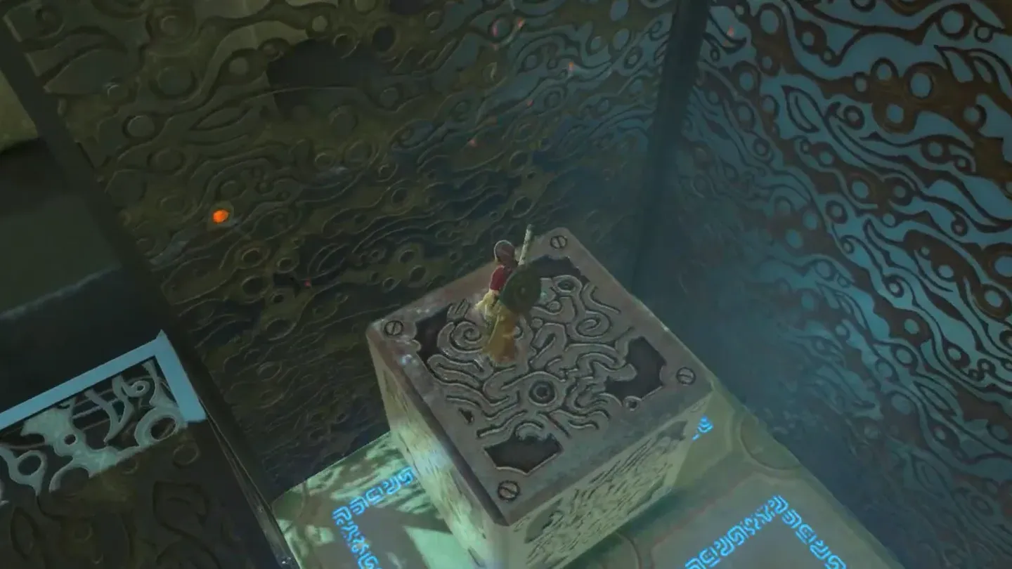 Link standing on top of the metal block on the lift