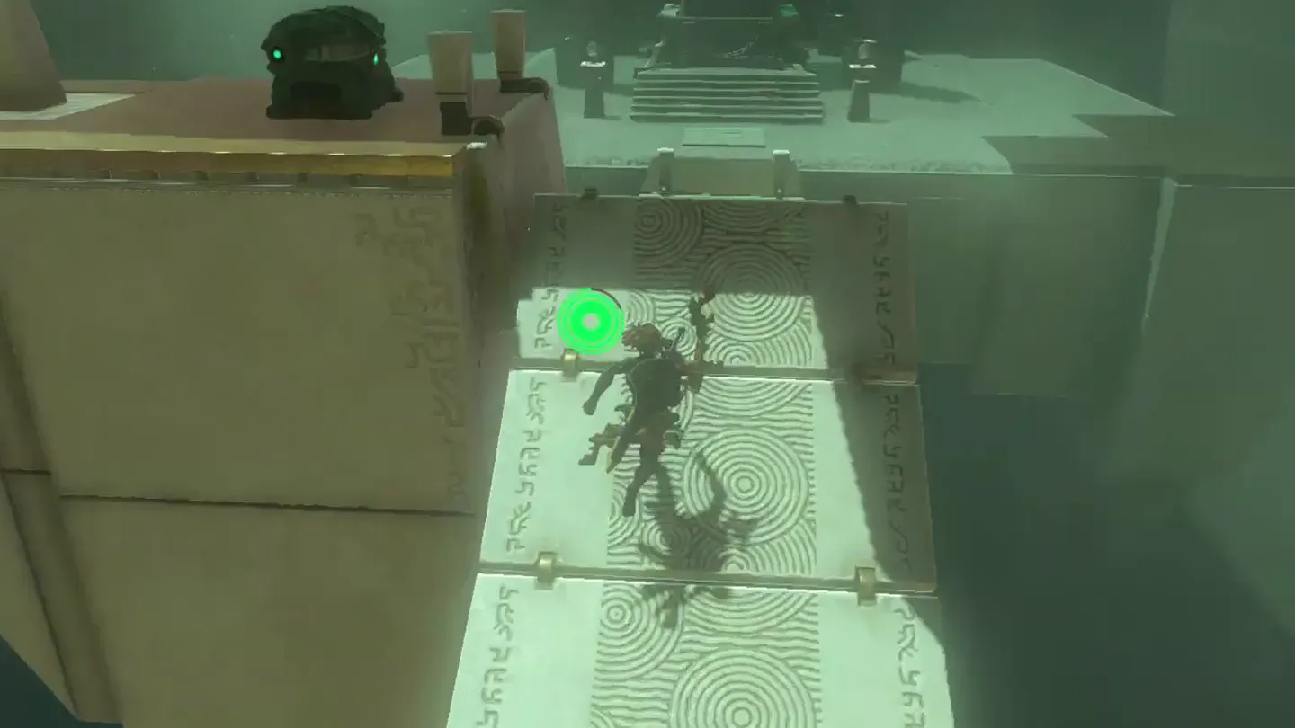 Link walking up a bridge to the raised platform with the chest on top