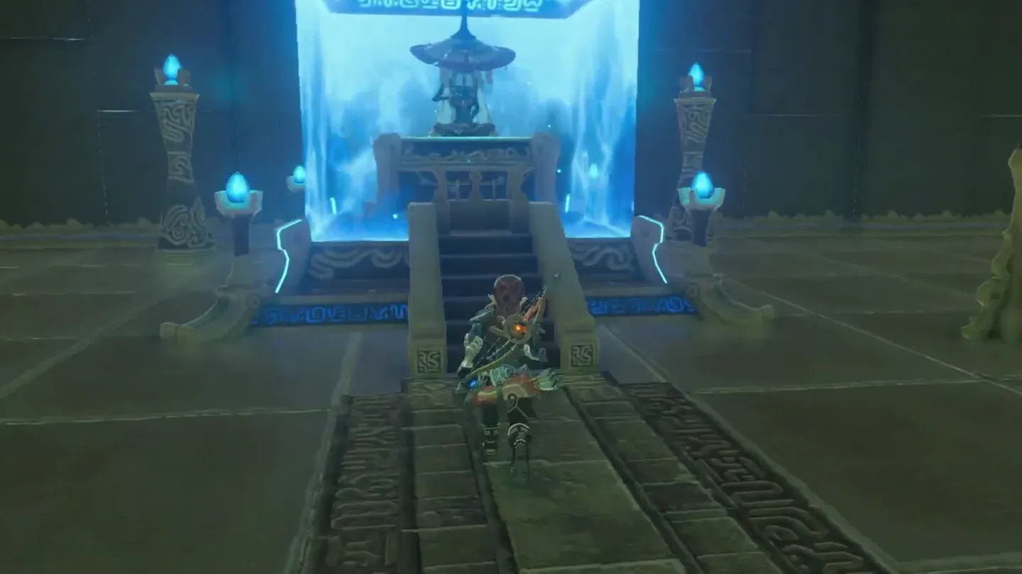 Link walking up the stairs to the monk behind the blue barrier