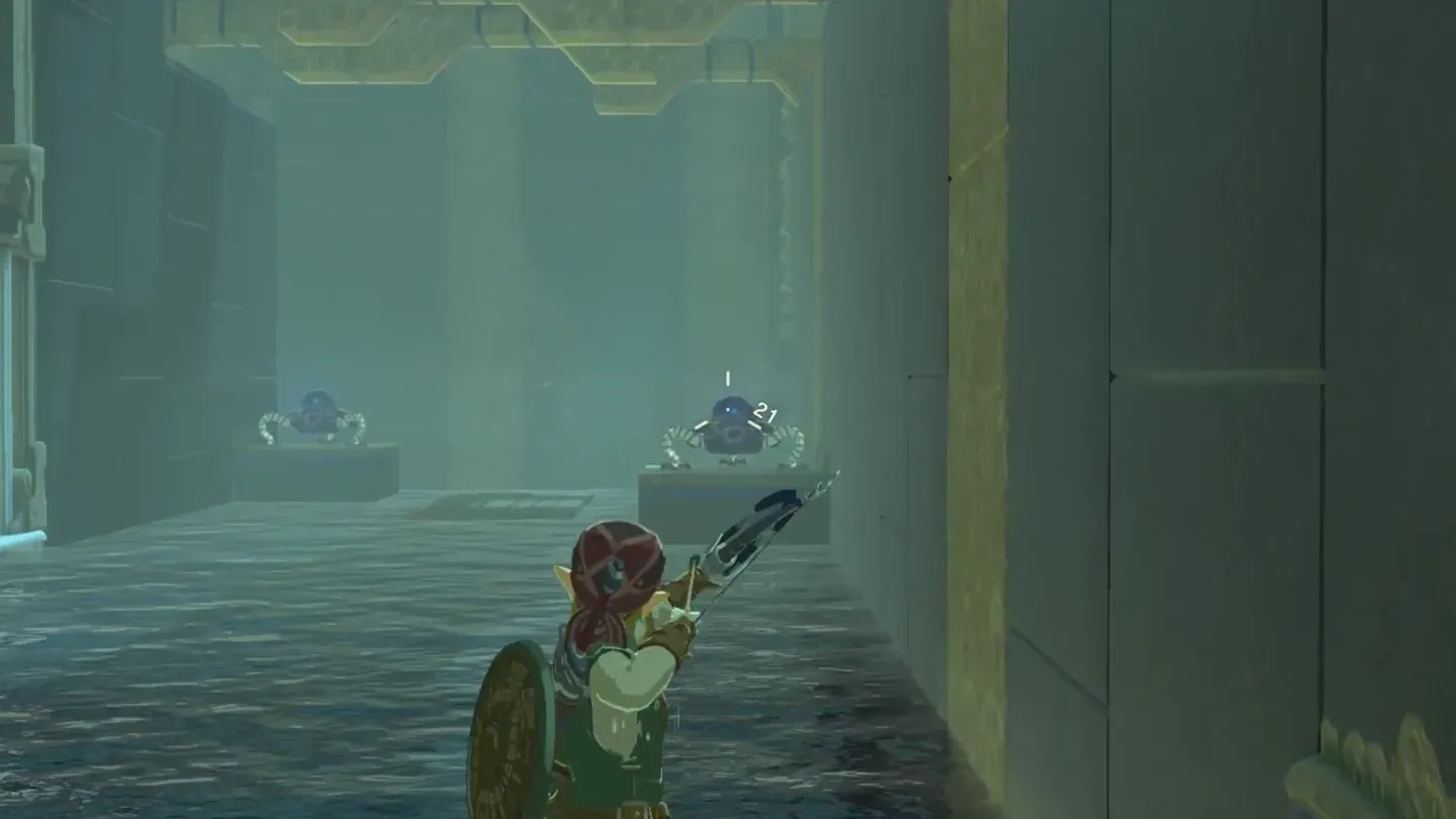 Link aiming a bow down the river at two Guardian Scouts on small platforms