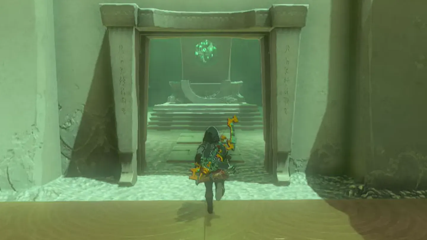 Link walking through the open shrine door to the altar