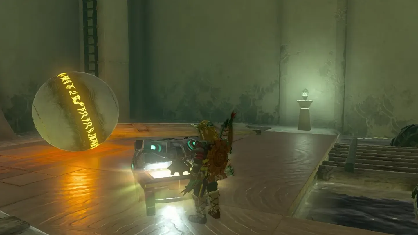 Link opening the chest lifted out of the pool