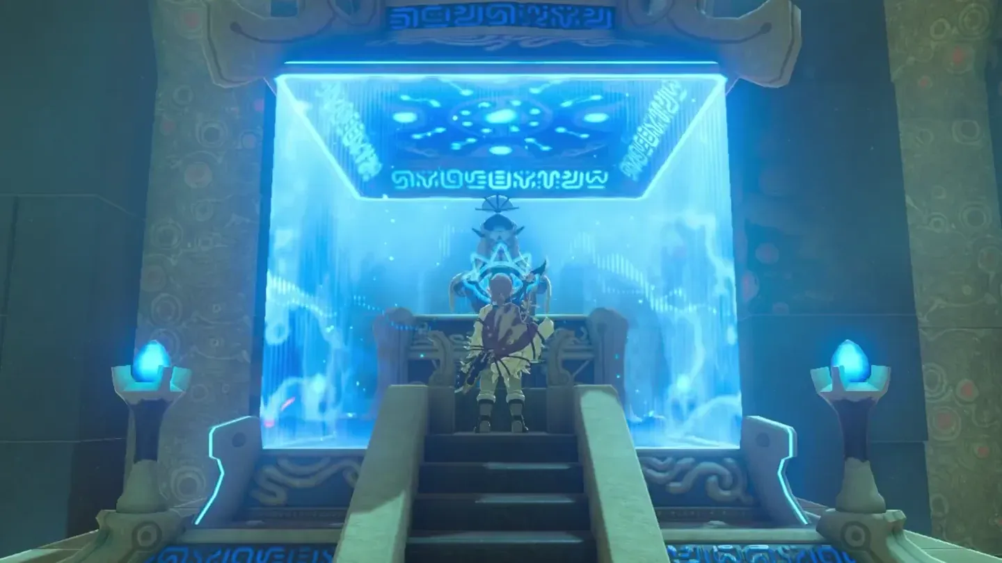 Link before Keeha Yoog in the glowing chamber