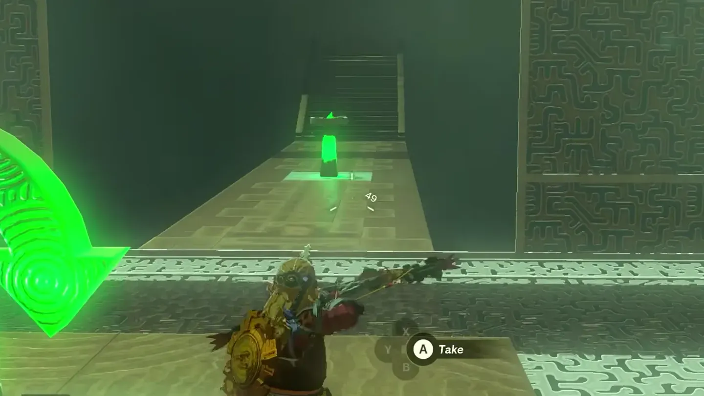 Link aiming a bow at the green switch outside the room