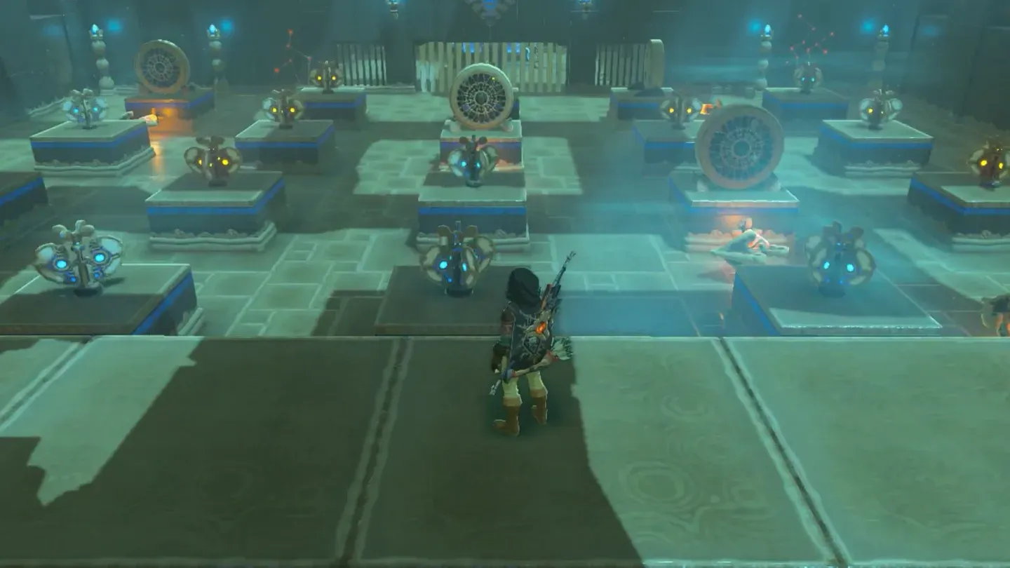 Link overlooking the central chamber full of fans and propellers