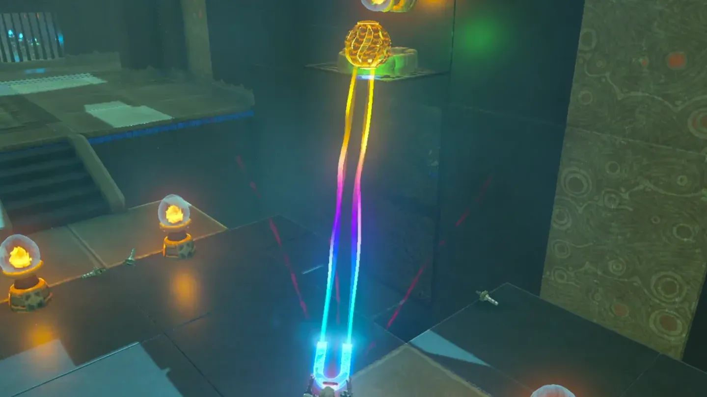 Link lifting the charged ball high toward a bulb up on the wall