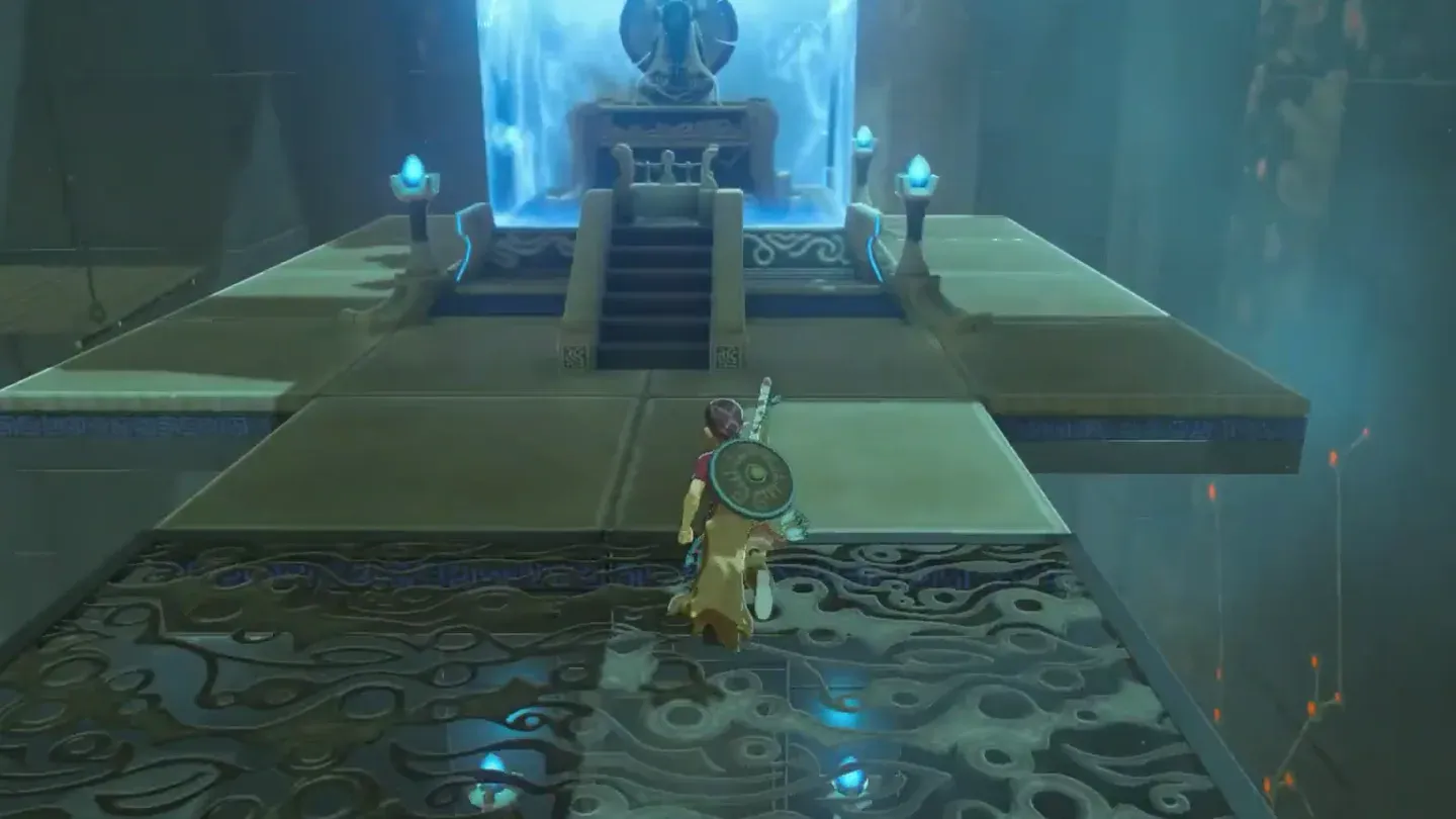 Link reaching the altar with the monk behind the blue barrier
