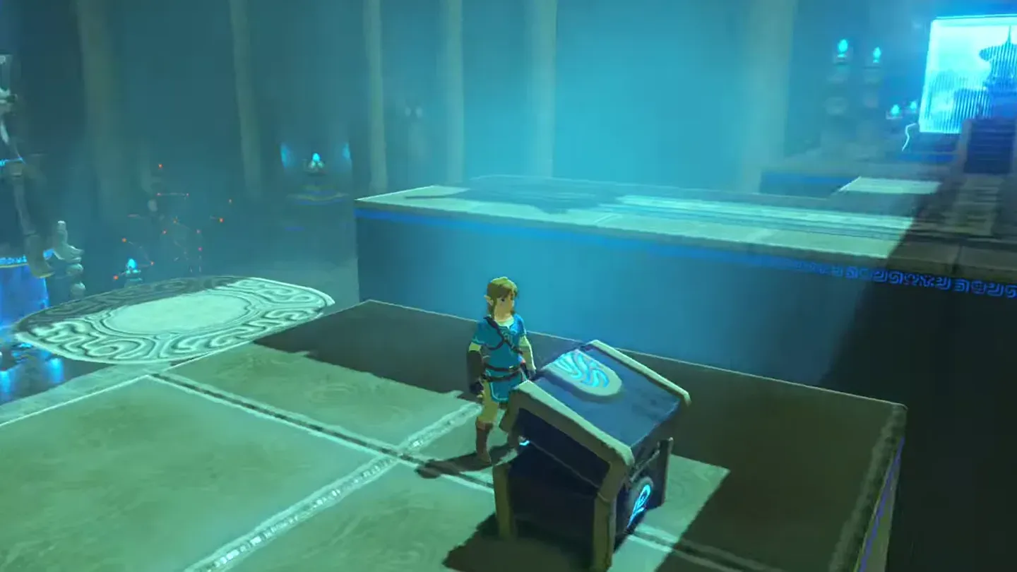 Link beside the opened chest on the lone side platform