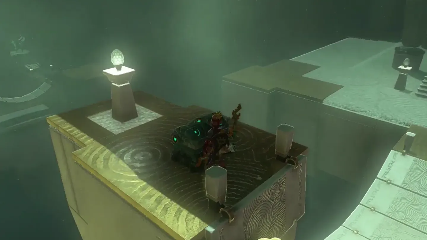 Link beside the chest on the raised platform