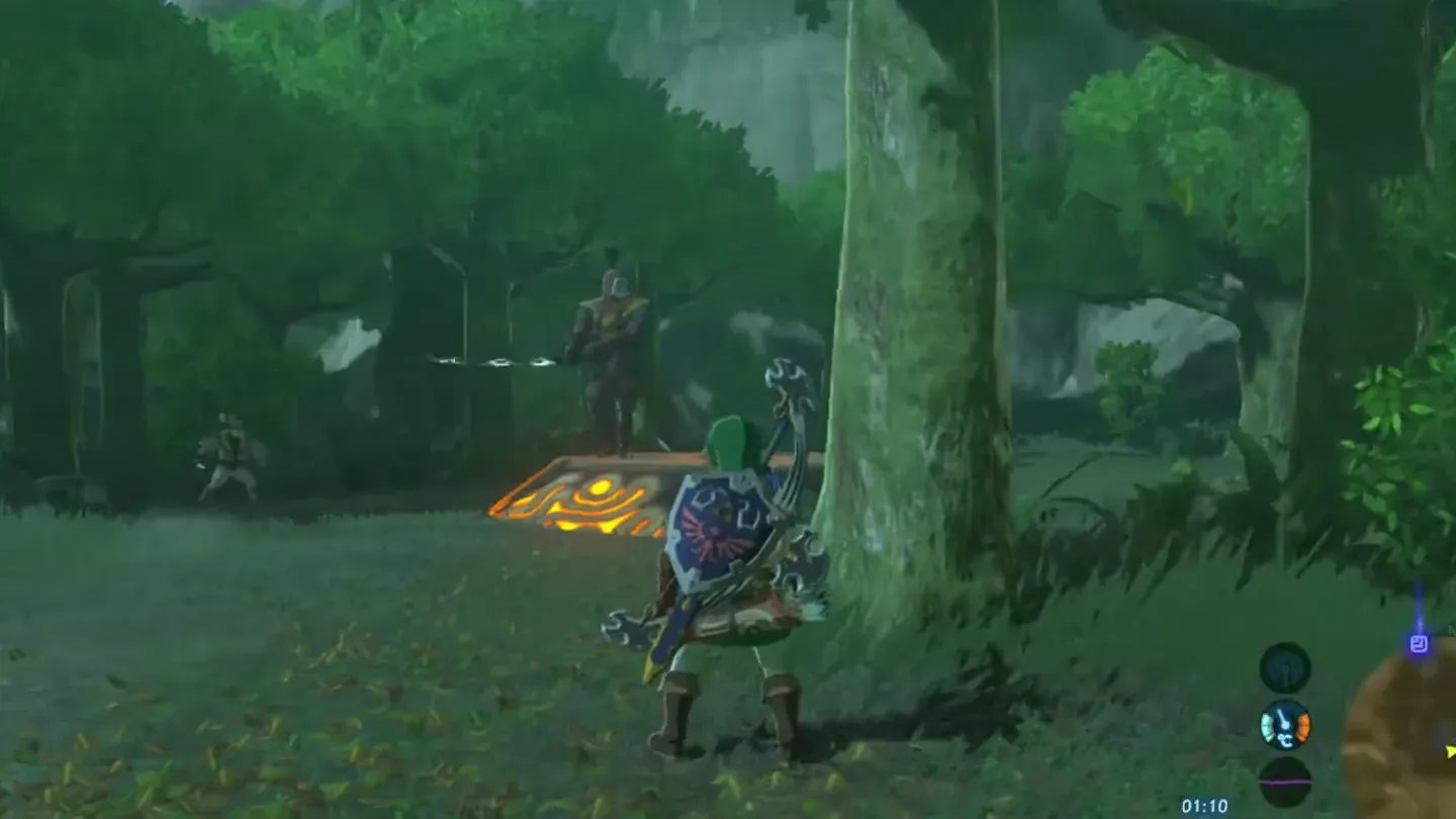 The Yiga Blademaster standing on the pedestal as Link approaches