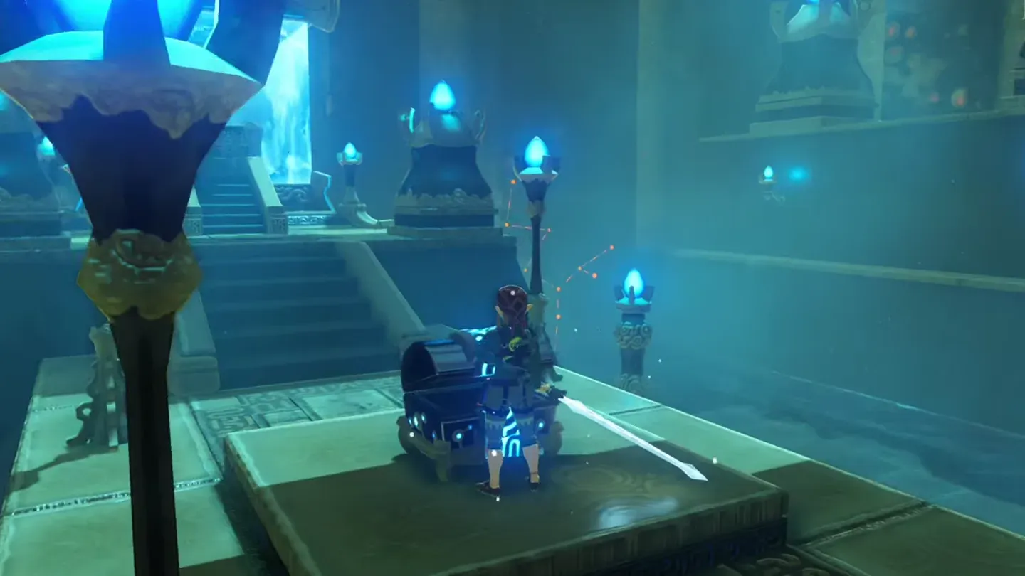 Link at the opened chest holding the Great Frostblade