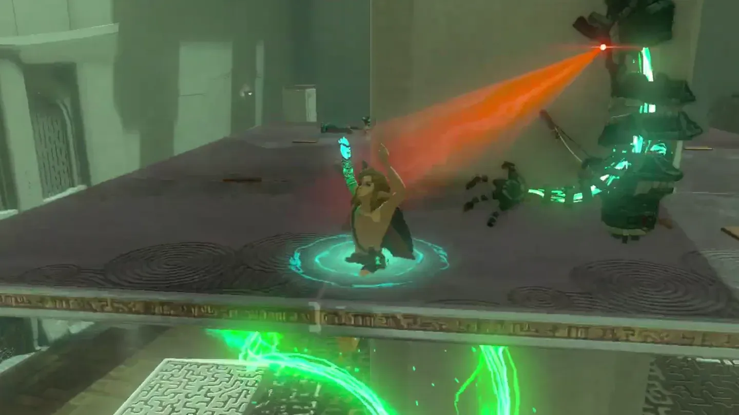 A Construct firing a laser at Link on the upper platform