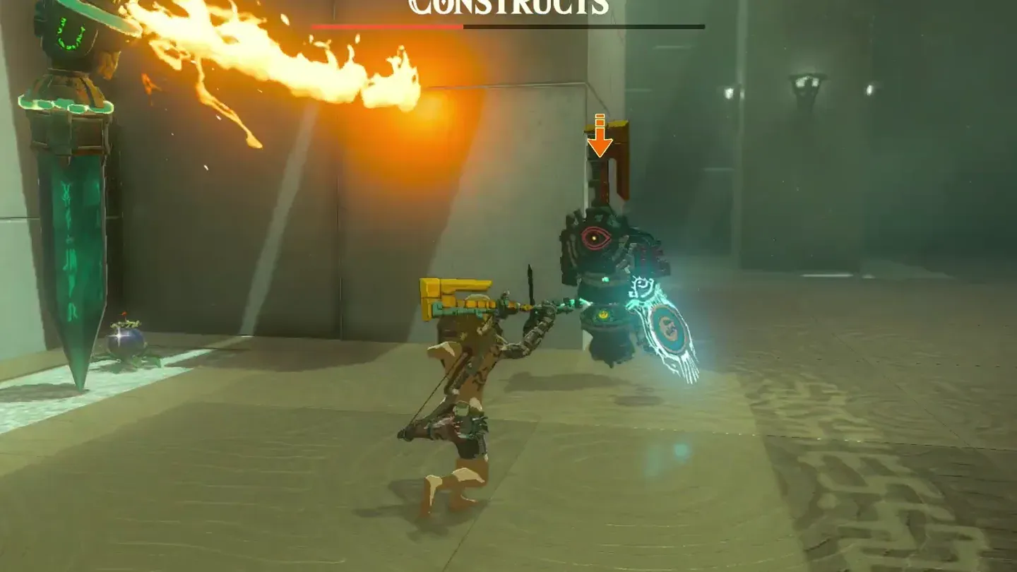 Link facing the last Construct as a flaming weapon flies