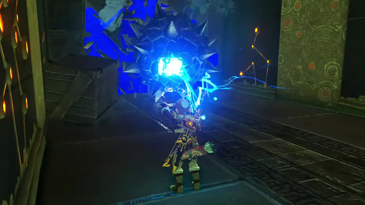 A giant spiked iron ball smashing through wooden crates